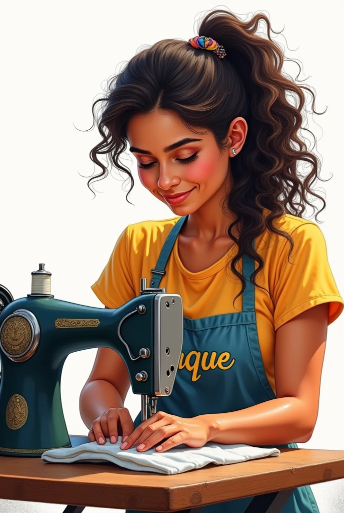 Drawing of a brunette Brazilian woman with curly black hair tied to the side Sewing on the sewing machine White background Apron with name Jaque Image with color