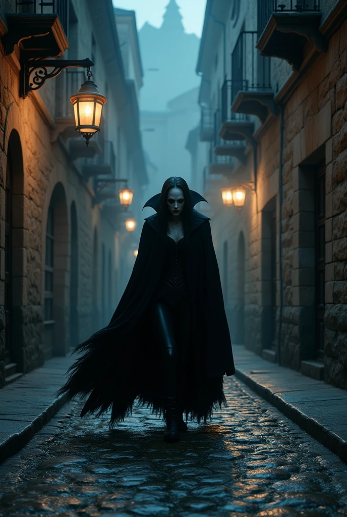 A vampire in a medieval town.
