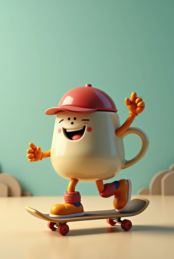 Coffee mug with a cap skating on a skateboard
