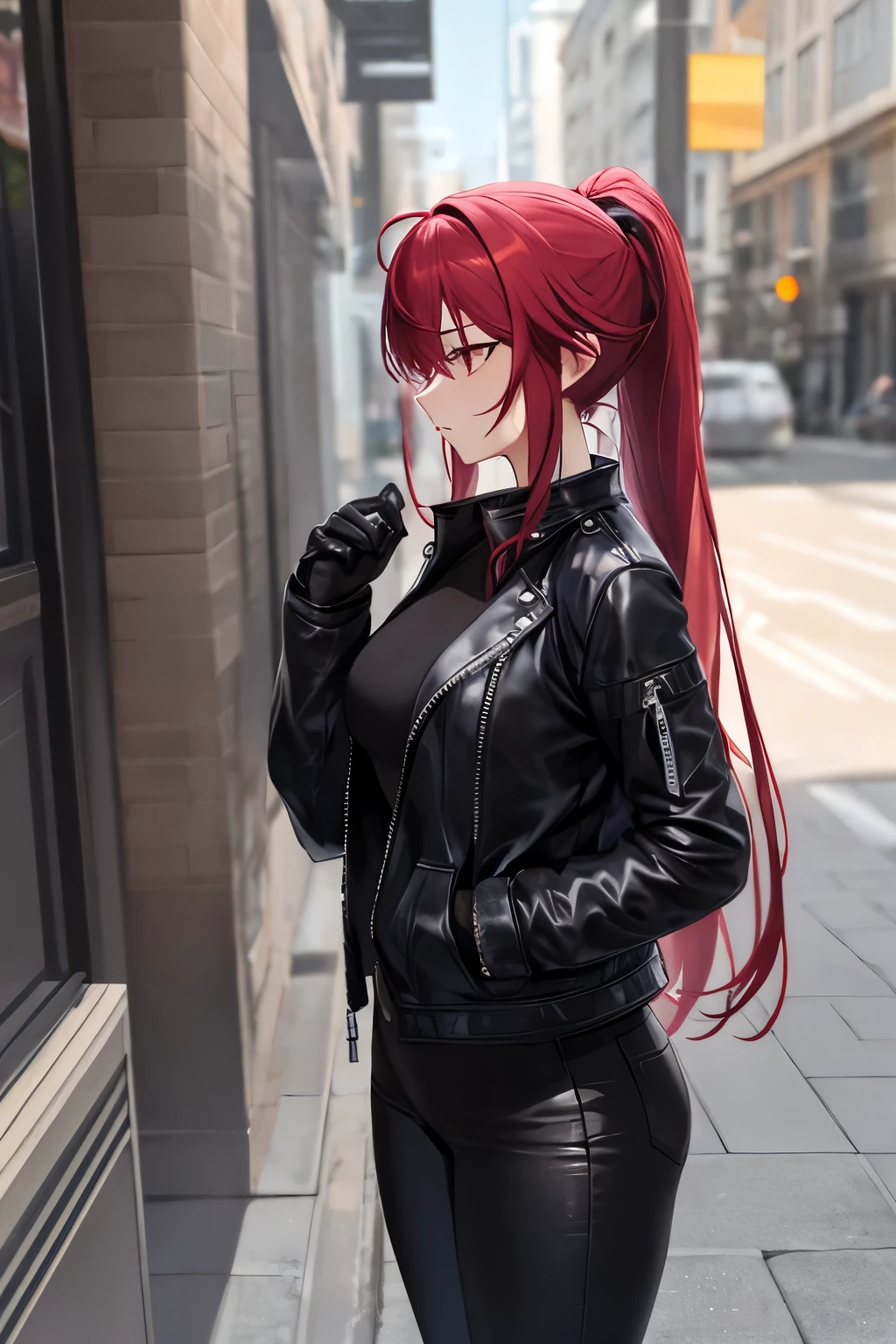 (masterpiece), best quality, BREAK, expressive eyes, (perfect face), 1girl, BREAK,( very long hair, red hair, ponytail), BREAK, (red eyes, agressive eyes, detailed eyes), BREAK, (unpleasant facial expression), BREAK, (very tall height), (skinny build), BREAK, (leather motocycle jacket), BREAK, (black pants), BREAK, (sneakers), BREAK, (downtown), BREAK, (standing), (sideview)