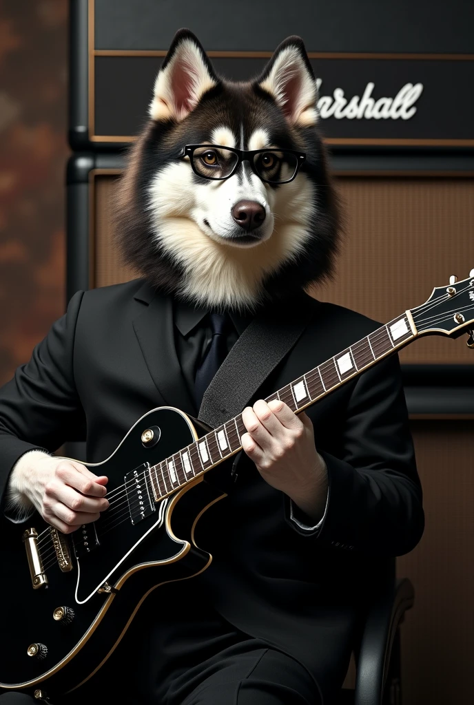 husky dog dressed in black suit and black glasses, playing the Gibson electric guitar, with a Marshall amp background,