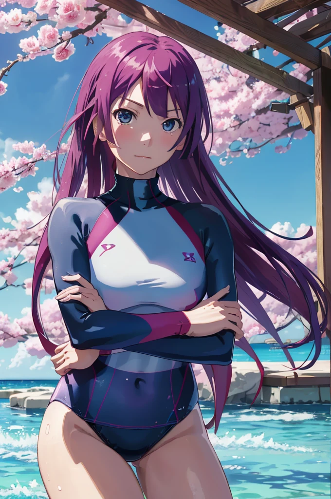 masterpiece, Best Quality, High resolution, S1, Senjougahara Hitagi, Long Hair, Long sleeve,((( High neck swimsuit Rosa Claro))),Thighs , Cowboy Shot, Crossed arms,cherry blossoms