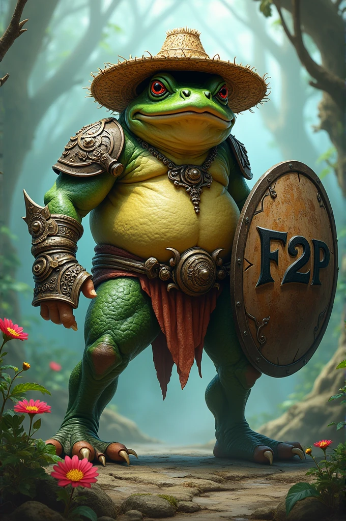 An unrealistic frog warrior with a straw hat and a shield that says F2P