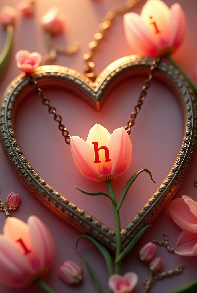 in a beautiful heart frame "I" ve "h" a necklace design with letters hidden inside a tulip flower