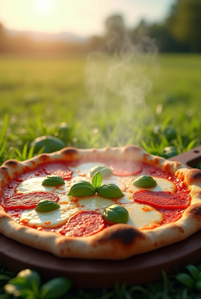 Neapolitan pizza steaming hot out of the wood-fired oven, with basil , on a clear sunny day, in the middle of the field