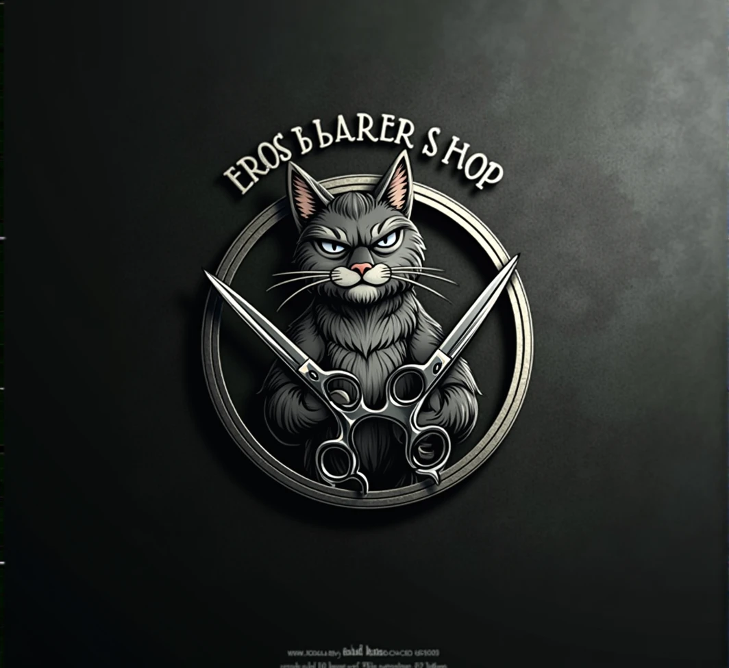Logo for a barbershop with an urban style that says Eros barber shop and includes a cat with scissors for cutting hair