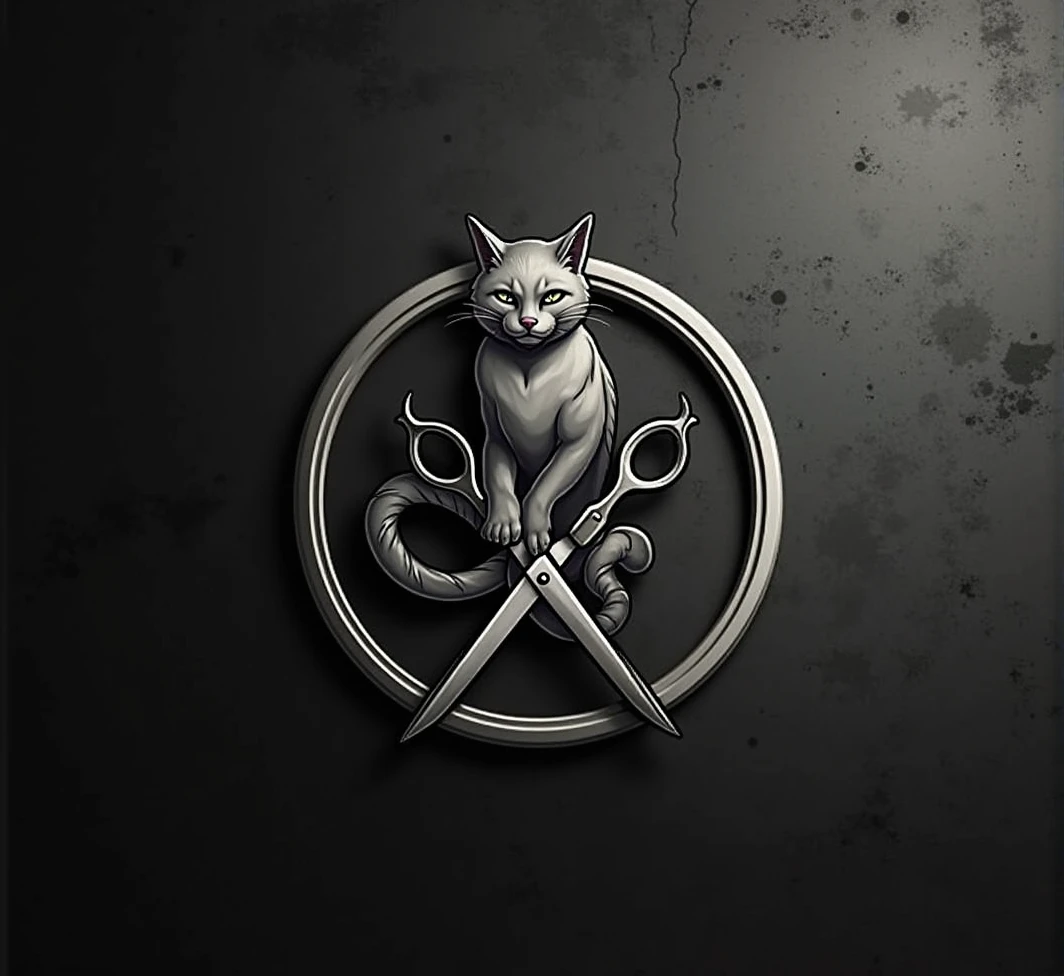 Logo for a barbershop with an urban style that says Eros barber shop and includes a cat with scissors for cutting hair