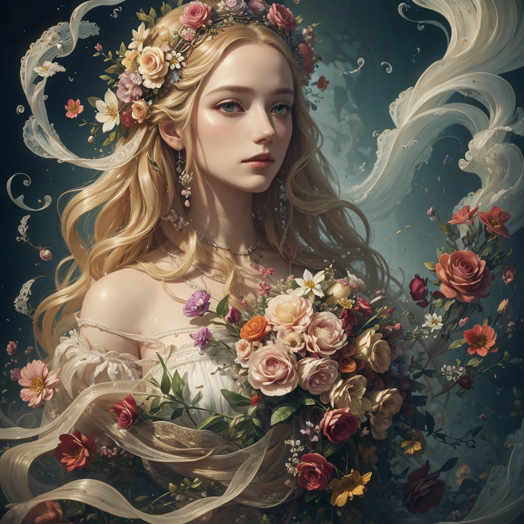 a queen long blond curly hair swimming, anna dittmann, flowers, giuseppe arcimboldo, macro photography, windy vapor, fog, masterpiece, iron details, particles, majestic, piece of art, painting, floral