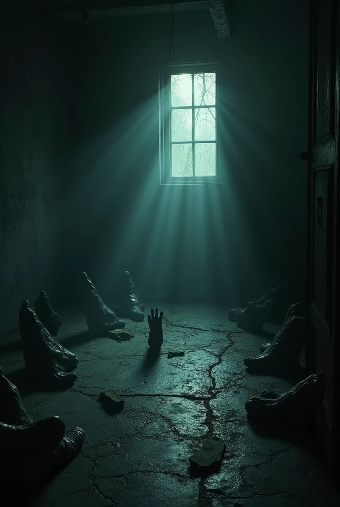 Imagine a dimly lit room where the air appears thick and swirling, as if it's filled with dark, misty shadows. The floor is rough and uneven, casting distorted shapes that seem to reach out and cling to your feet. In the corner of the room, a small window reveals a faint glimmer of light on the horizon, symbolizing a distant hope. Every breath you take feels heavy and labored, as if the room itself is pulling you down. The overall atmosphere is one of struggle and longing, with a sense of melancholy pervading the scene.