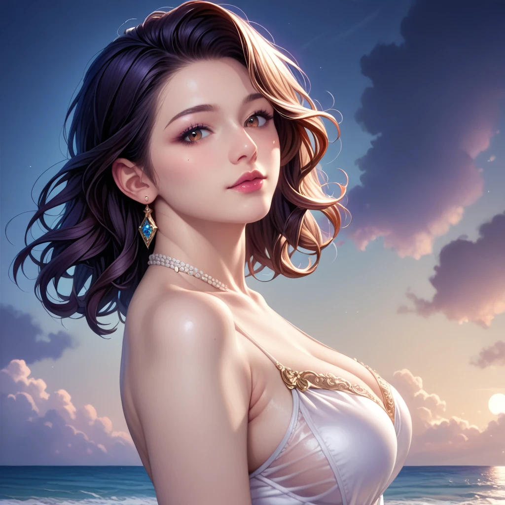 score_9, score_8_superior, score_7_superior, High resolution 3D anime style,A masterpiece in 32K resolution,Highest quality,it is really amazing,Very detailed,Ultra-high resolution,Ultra-realistic,Realistic,Increased depth of field,Cinematic lighting,
(Elegant mature Japanese woman:1.2),
(black straight medium hair:1.1),(Ultra-detailed and beautiful face:1.1),(Calm and gentle look:1.1),Beautiful brown eyes,Translucent white skin,Realistic skin texture,Great proportions,
Elegant swimwear,
Summery design,Chic color scheme,Beautiful and delicate decoration,Detailed fabric texture,
Overcast night sky,(Dark Clouds:1),(Thundercloud:1),Coastline at night,Stormy seas,(delay々A desolate sandy beach that continues:1),
dramatic,(Beautiful back view:1.1),