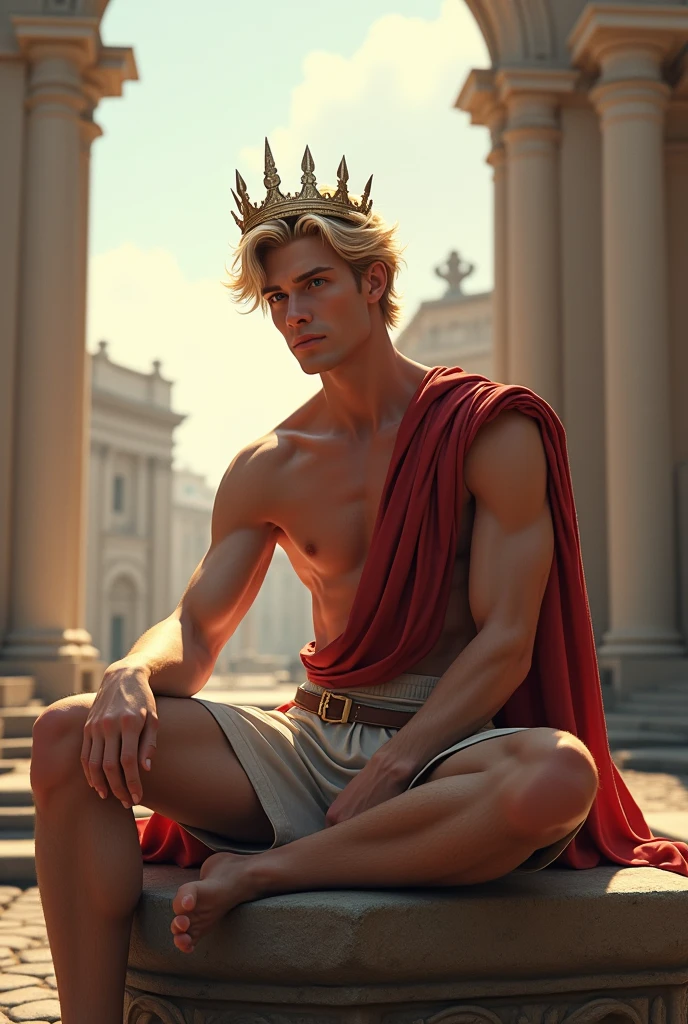 (((masterpiece))), (((best quality))), ((Super detailed)),(Highly detailed CG illustrations), ((Extremely exquisite and beautiful)),Light,(8k, original photo, best quality), Super quality, Handsome man,Sitting on a stone,blond,crown,Show your upper body,Rome,