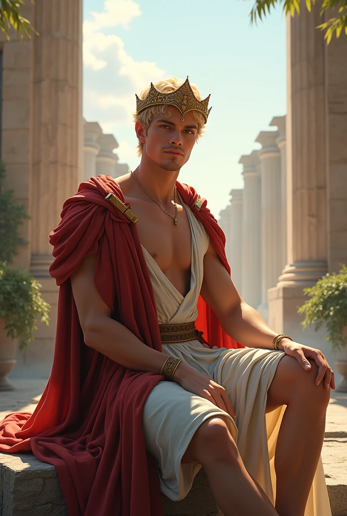 (((masterpiece))), (((best quality))), ((Super detailed)),(Highly detailed CG illustrations), ((Extremely exquisite and beautiful)),Light,(8k, original photo, best quality), Super quality, Handsome man,Sitting on a stone,blond,crown,Show your upper body,Rome,
