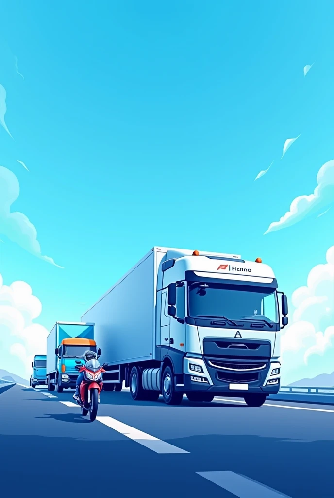 Create an illustrative image for a logistics company. The scene should show a small truck, a Fiorino and a motorcycle on a road. Use a predominant blue palette in the image to convey an atmosphere of professionalism and efficiency.. The truck must be in the center, with the Fiorino and the motorcycle positioned around it, all moving towards the same direction on the road. The scene should include a clear blue sky background and some subtle clouds., but keep your focus on the road and the vehicles.