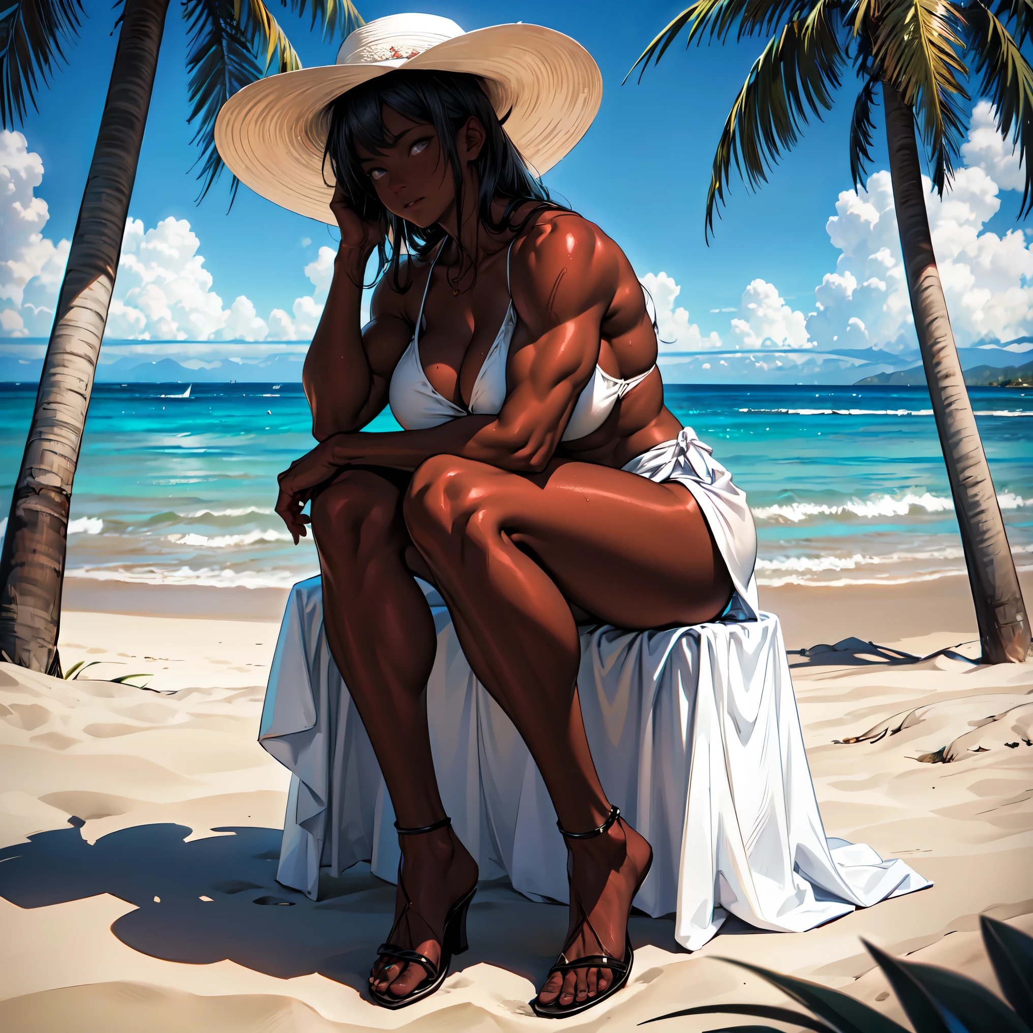 (((((full body))))), (((((dark skin))))), ((((tanned skin)))), (((muscular body))), (((muscular))), masterpiece, best quality, anime, anatomically accurate, detailed face, pretty face, extremely detailed face, ((((1girl)))), (((long hair))), (((long legs))), (((huge breasts))), ponytail haircut, black hair, big and expressive eyes, (muscular legs), mesmerizing hair, muscular hips, (Perfect hands and fingers very well detailed), full body photo, (((beach))), (((palm tree))), ((sitting on the beach)), (((white sundress))), (((white brimmed hat))), 20 years old, reflection in the eye, dark eyes, anime, Anime Style, cinematic lighting, ray tracing, panorama, Sony FE, high definition, artwork, Anatomically Correct, Textuvermelho Skin, super detail, high quality, high resolution, high definition