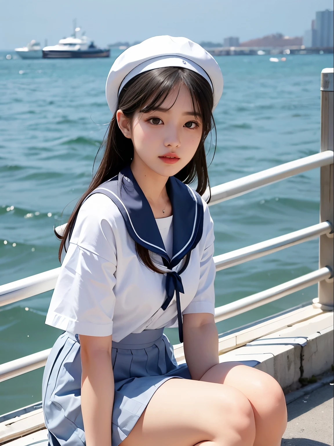 A sailor suit with a grey skirt and white lines。A sailor suit with a grey collar and white lines。beautiful girl。Seaside。Short sleeve。