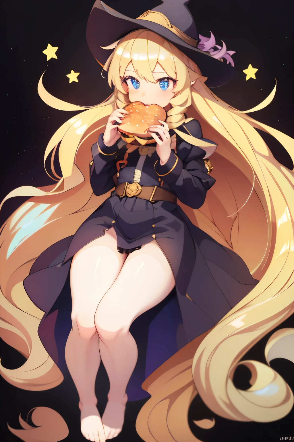 minigirl, held in hand, shruken girl, elaina_\(majo_no_tabitabi\), tiny, shrunken down, anime, blonde long hair, blue eyes, eating burger, hamburger, two-handed burger, cute magicalgirl dress, crotch visible, no panties, giant black and purple witch hat, , no socks, bare feet
