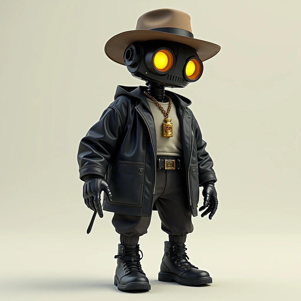 a robot with a humanized body with a fedora hat, old black jacket, old dark pants, old black shoes, looking like the 80s to 90s, and with a golden necklace, yellow eyes, standing pose