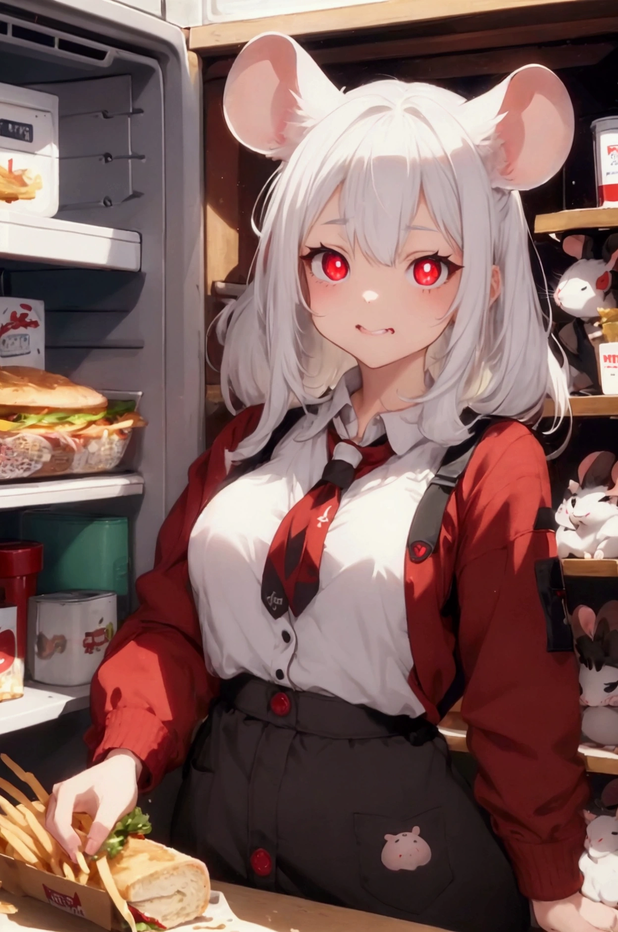 Mouse girl, white fur, Red eyes, black pupils, thin rat whiskers, red and blue Farm clothes, Voluptuous body, Small breasts , mid hair, Opening a fridge and eating a sandwich with fries, Cheese logo on clothes, rat tail, Mouse ear, Large front teeth