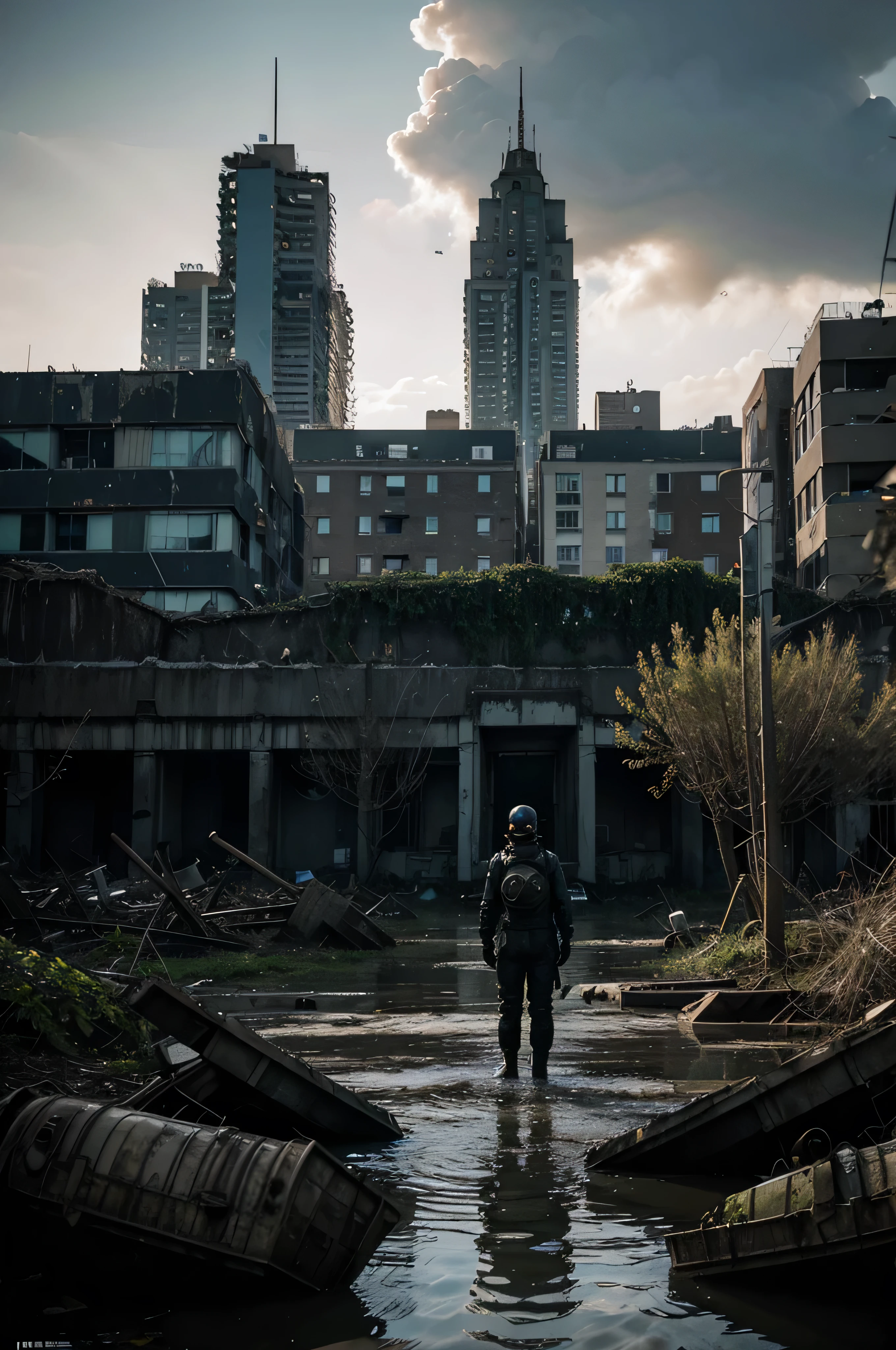 A partially submerged urban landscape in a post-nuclear world, where nature has begun to reclaim the area in twisted and grotesque forms. The scene shows warped trees, mutated vegetation, and grotesque animals taking over the ruins of a decayed city. In the foreground, a lone figure stands ready, wearing a gas mask and holding an improvised weapon, prepared to face the dangers of this distorted new world. The atmosphere is eerie and unsettling, with dark shadows and a sense of decay and mutation pervasive throughout the environment