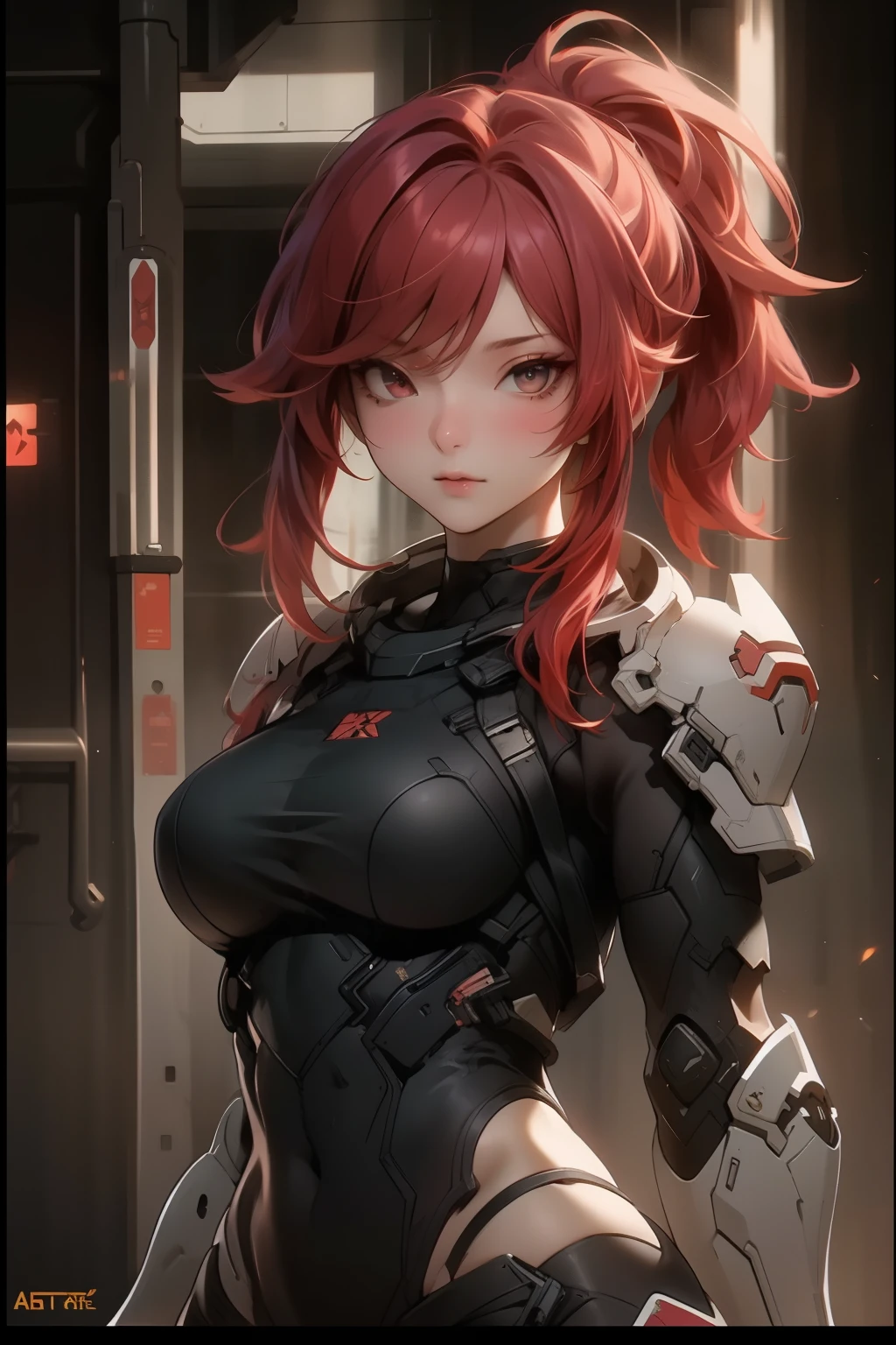 ((best quality)), ((Masterpiece)), (details:1.4), 3d, HDR (high dynamic range), an image of a beautiful cyberpunk female, Hight ponytails, Red hair, Black eyes, จมูกโด่ง, ปากแดง, หน้าอกใหญ่, nvidia RTX, PBR surface, After processing, Anisotropic filtration,depth of field, Maximum clarity and clarity, multi-layered surface, Subsurface scattering, perfect proportions, 8K raw files, ความละเอียดสุดยอด, Unreal 5, Perfect proportions, Octane Render, Two-tone lighting, Wide aperture, Low ISO, รายละเอียดดวงตา, crusader, Heavy armor, Fierce