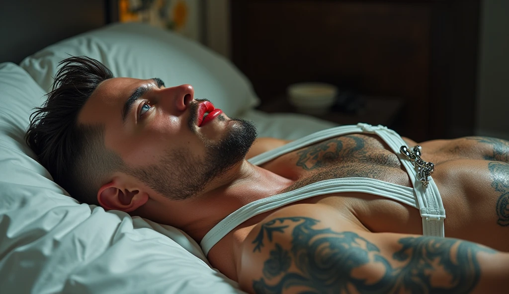 Fullbody picture of white skin Handsome muscular horny nude sexy gay orgasmed man wearing sexy shiny white latex harness, shiny blue Disconnected Pompadour oiled hair style, blue eyes, shiny varnished vinyl shoes, red lip, chain, tattoos, horny, cum shot, sperm, milking penis, very big penis, very big testicle, shiny oiled skin, oversexed, masturbation, lie down at bed at orgasm.