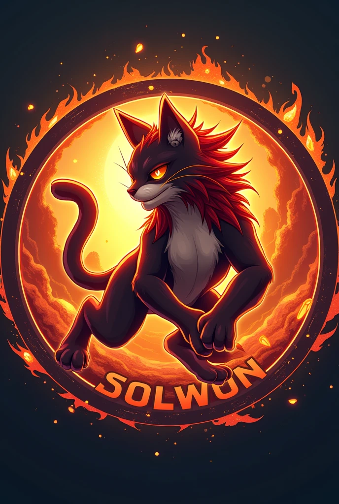 Design a circular logo for 'SOLMON - Solana Monsters' with a focus on a 2D stylized cat creature, 'Ignis,' embodying the fire element. The logo should capture the sleek, modern aesthetic of the SOLMON universe, with the cat character positioned prominently at the center.
Main Character Focus: The cat character should be depicted in a dynamic, attacking pose, with flames subtly integrated into its design. The character should be rendered in a vibrant color palette with glowing red and orange accents, emphasizing its fiery nature. The art style should reflect bold lines, smooth curves, and a powerful presence.
Elemental Background: Surround the cat character with a circular border that incorporates fire-themed elements, such as embers, sparks, and glowing lava textures. The background should subtly reflect the heat and energy of the fire element, using warm tones and gradients.
Typography and Details: The text 'SOLMON' should be prominently displayed in bold, rounded typography that feels both modern and adventurous. Integrate small, subtle details like digital sparks or flames around the text to enhance the otherworldly, magical vibe. The overall design should be clean, balanced, and visually striking, ensuring it is easily recognizable and suitable for branding purposes.