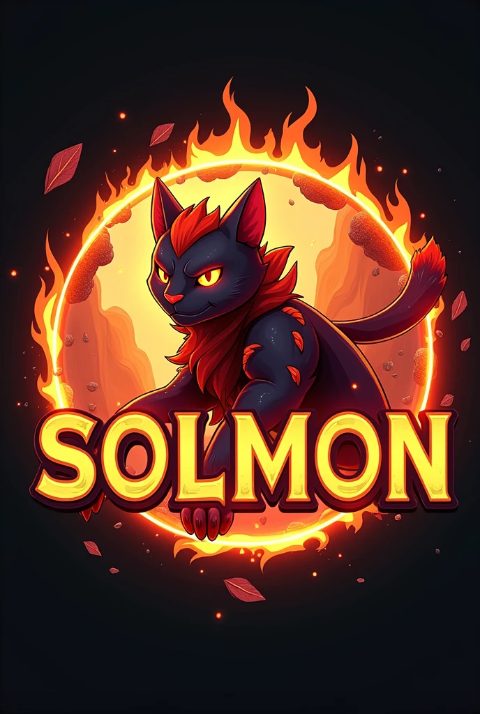 Design a circular logo for 'SOLMON - Solana Monsters' with a focus on a 2D stylized cat creature, 'Ignis,' embodying the fire element. The logo should capture the sleek, modern aesthetic of the SOLMON universe, with the cat character positioned prominently at the center.
Main Character Focus: The cat character should be depicted in a dynamic, attacking pose, with flames subtly integrated into its design. The character should be rendered in a vibrant color palette with glowing red and orange accents, emphasizing its fiery nature. The art style should reflect bold lines, smooth curves, and a powerful presence.
Elemental Background: Surround the cat character with a circular border that incorporates fire-themed elements, such as embers, sparks, and glowing lava textures. The background should subtly reflect the heat and energy of the fire element, using warm tones and gradients.
Typography and Details: The text 'SOLMON' should be prominently displayed in bold, rounded typography that feels both modern and adventurous. Integrate small, subtle details like digital sparks or flames around the text to enhance the otherworldly, magical vibe. The overall design should be clean, balanced, and visually striking, ensuring it is easily recognizable and suitable for branding purposes.