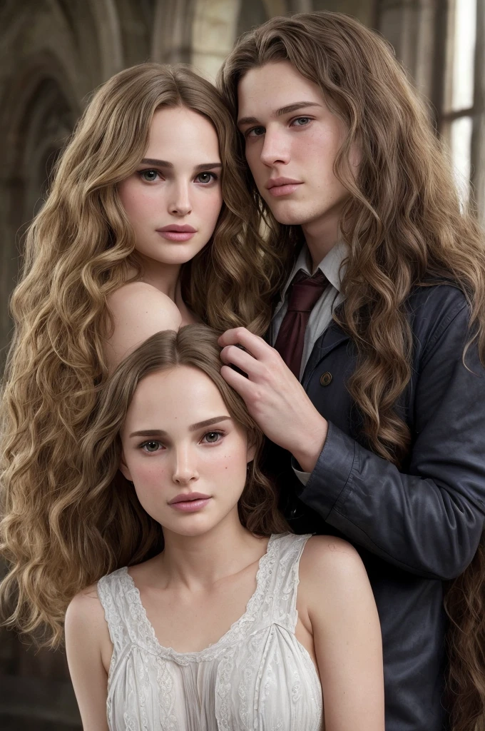 Dean Winchester and Natalie Portman Teenagers with Long Curly Hair, eles estao em um castelo dark fantasy