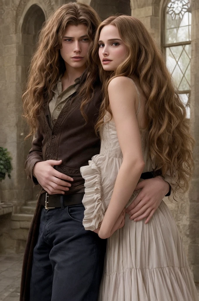Dean Winchester and Natalie Portman Teenagers with Long Curly Hair, eles estao em um castelo dark fantasy