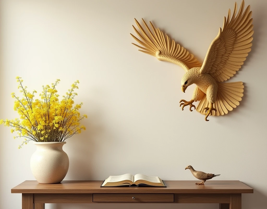 a beige wall with an eagle design on the wall, the drawing must be in the right corner of the wall, in the left corner a table with a vase of mustard seed flowers and an open bible and a flying bird symbolizing the holy spirit