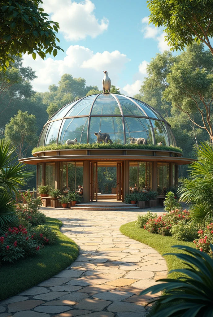 I need you to make me a 3D animal sanctuary with the following features:
that the reception is a glass dome,
that has an area for biologists,
a veterinarian,
restaurant where the following animals will be located:
Black-crowned Squirrel Monkey
Caucel and Jaguar
Bradypus Torquatus (Maned sloth)
Giant Anteater
The yellow-billed cotinga