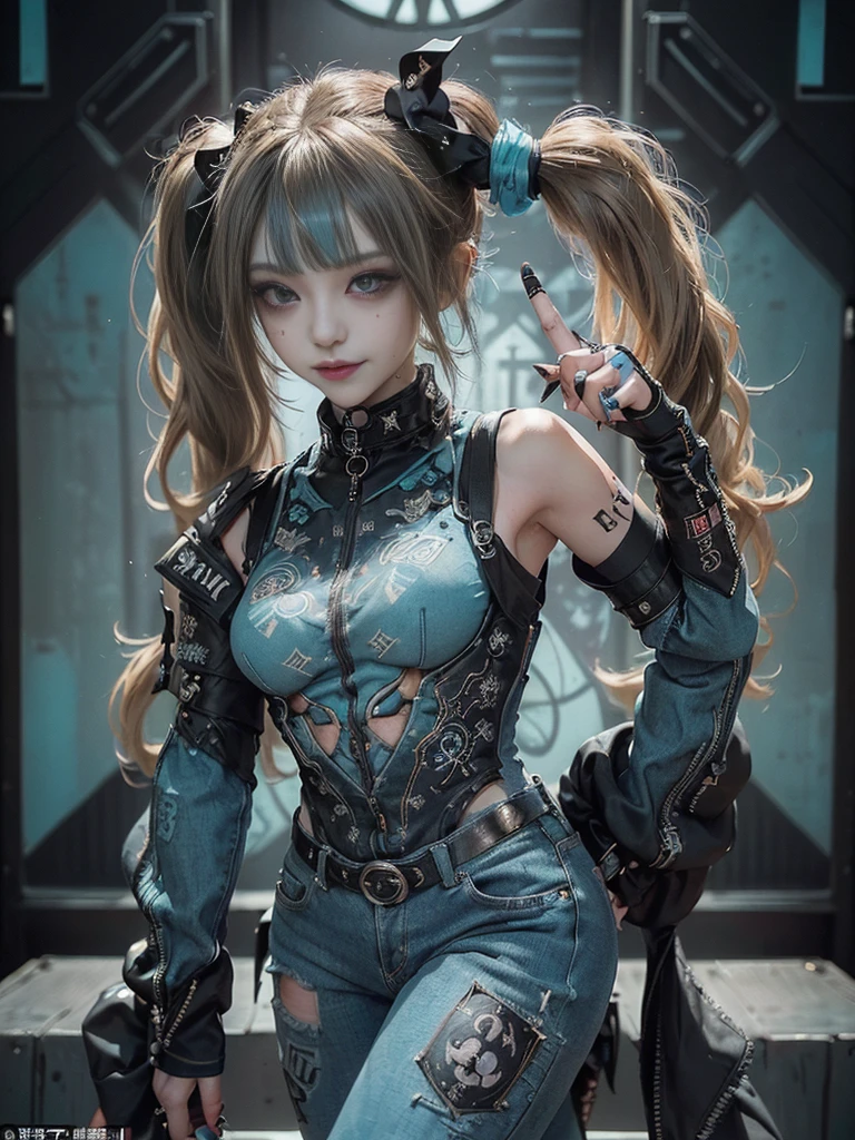 (Full Body View:1.2)、(Full body:1.3)、(Smiling with teeth showing:1.3),(Shibuya Gal:1.5)、(Goth Style Fashion:1.5)、(Punk RockVisual Kei:1.5)、(Wearing a rhythmic gymnastics bodysuit with intricate details:1.4)、(Racing suit and pants with intricate turquoise, denim and charcoal decorations:1.5)、(Denim and light blue and turquoise boots:1.3)、((belt))、(Numerous delicate logo marks all over the costume:1.4)、(collar:1.3)、(Polka dot underwear:1.5)、20-year-old、NSFW、((Highest quality、In 8K、masterpiece:1.3))、Sharp focus:1.2、(Layered Cut、Huge boobs:1.1),Beautiful woman with perfect figure:1.4、(doing a gravure pose:1.3)、Slender Abs:1.2、Highly detailed face and skin texture、Detailed eyes、double eyelid,(Twin tails:1.3)、(Brown-golden hair:1.3)、Gravure idol、(The background is the stage of the fashion show:1.3)、(Slim Body:1.3),(Make your legs thinner:1.4),(clavicle:1.1)