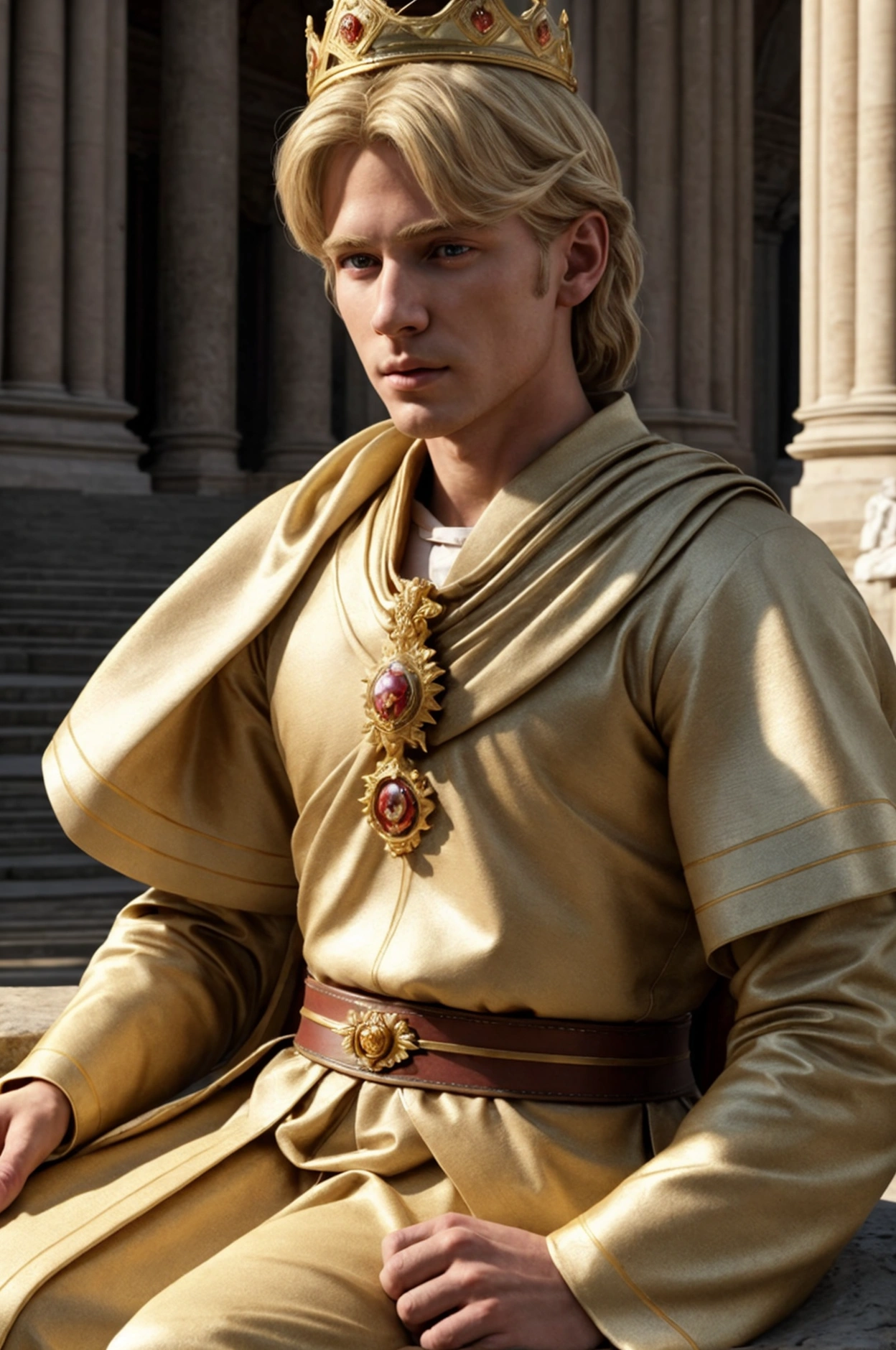 (((masterpiece))), (((best quality))), ((Super detailed)),(Highly detailed CG illustrations), ((Extremely exquisite and beautiful)),Light,(8k, original photo, best quality), Super quality, Handsome man,Sitting on a stone,blond,crown,Show your upper body,Rome,