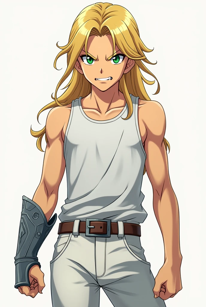 fair-skinned male, youthful appearance, greeneyes, angry look, blonde hair long, wearing a white tank top, wearing white pants, wearing silver chest armor, Knights of the Zodiac style, anime styling, Full-body image 