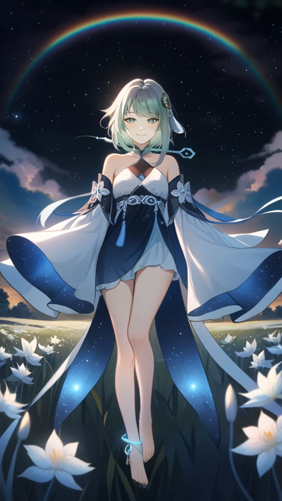 1girl, guizhong_\(genshin_impact\),light grey hair,short_hair_with_long_locks,starry_sky_print,detached_sleeves, long sleeves_past_fingers,hanfu,illustrated by matsuryuu and agahari and dsmile,pale blue eyes,stunning field of softly glowing blue and white glaze lilies,night scene,gentle smile,moonlight,glossy lips,vivid anime coloring,cel shading,smooth, soft dreamy focus,anklet,halter_top,white clothes,highly detailed,digital painting,field of flowers,bare_shoulders,wlop,barefoot,cool night tones, magical night scene,masterpiece, best quality, film, professional, 4k, highly detailed,Guardian nebula of rainbow light and silvery vapor,starry,cosmic,goddess