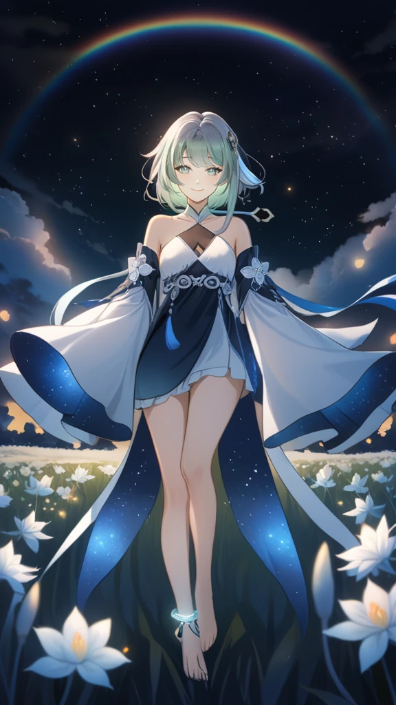 1girl, guizhong_\(genshin_impact\),light grey hair,short_hair_with_long_locks,starry_sky_print,detached_sleeves, long sleeves_past_fingers,hanfu,illustrated by matsuryuu and agahari and dsmile,pale blue eyes,stunning field of softly glowing blue and white glaze lilies,night scene,gentle smile,moonlight,glossy lips,vivid anime coloring,cel shading,smooth, soft dreamy focus,anklet,halter_top,white clothes,highly detailed,digital painting,field of flowers,bare_shoulders,wlop,barefoot,cool night tones, magical night scene,masterpiece, best quality, film, professional, 4k, highly detailed,Guardian nebula of rainbow light and silvery vapor,starry,cosmic,goddess