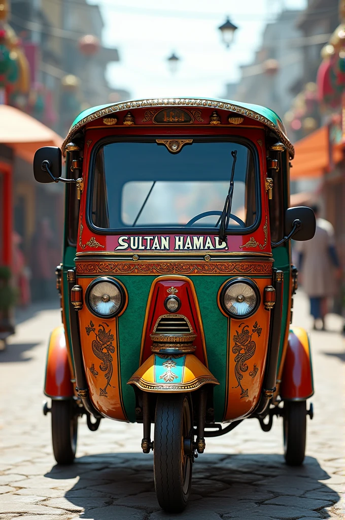 create image of pakistani rikshaw written “sultan hamad” in front