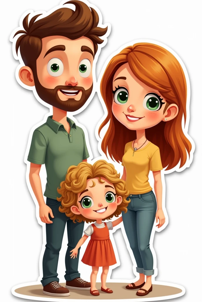 A family consisting of a white man, Cao Cao, very short and thin brown hair, barba, greeneyes, ao lado de uma mulher branca de greeneyes com o cabelo castanho-acobreado, straight and without bangs parted in the middle, next to a white girl, greeneyes, curly and blonde hair, illustration style, sticker