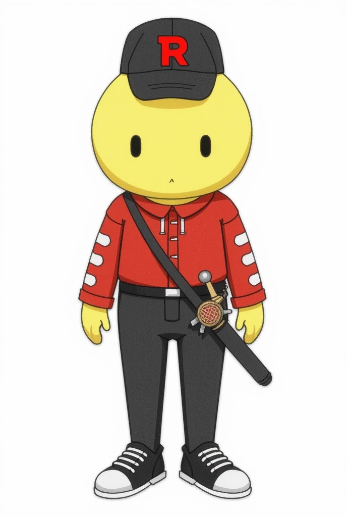 Create a male earless character with a neutral face and no hair and yellow with a black cap with an R on the front of the cap with a red blouse with white round stripes on the right arm and black pants with white round stripes on the left leg with a sword at the waist Pencil and eraser drawing style without muscles with black shoes with white toe and laces 