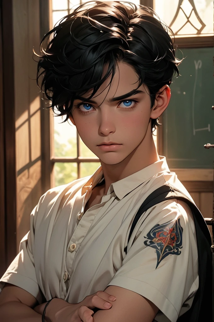 a young man with short black hair, wearing a schoolboy outfit, holding a wand, has a wizard-like appearance with an animal tattoo, has blue eyes and a grumpy look, in a medieval-style classroom, at a magic school, beautiful eyes, delicate features, soft colors, serene atmosphere, high quality, detailed, photorealistic, photo-realistic:1. 37, 4k, ultra-detailed, extremely detailed, hyperrealistic, highly detailed, masterpiece:1.2, vibrant colors, natural lighting, cinematic, dramatic, fantastic, magical, surreal.