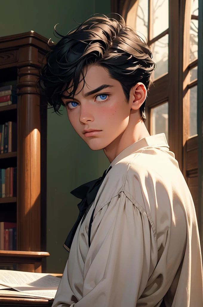 a young man with short black hair, wearing a schoolboy outfit, holding a wand, has a wizard-like appearance with an animal tattoo, has blue eyes and a grumpy look, in a medieval-style classroom, at a magic school, beautiful eyes, delicate features, soft colors, serene atmosphere, high quality, detailed, photorealistic, photo-realistic:1. 37, 4k, ultra-detailed, extremely detailed, hyperrealistic, highly detailed, masterpiece:1.2, vibrant colors, natural lighting, cinematic, dramatic, fantastic, magical, surreal.