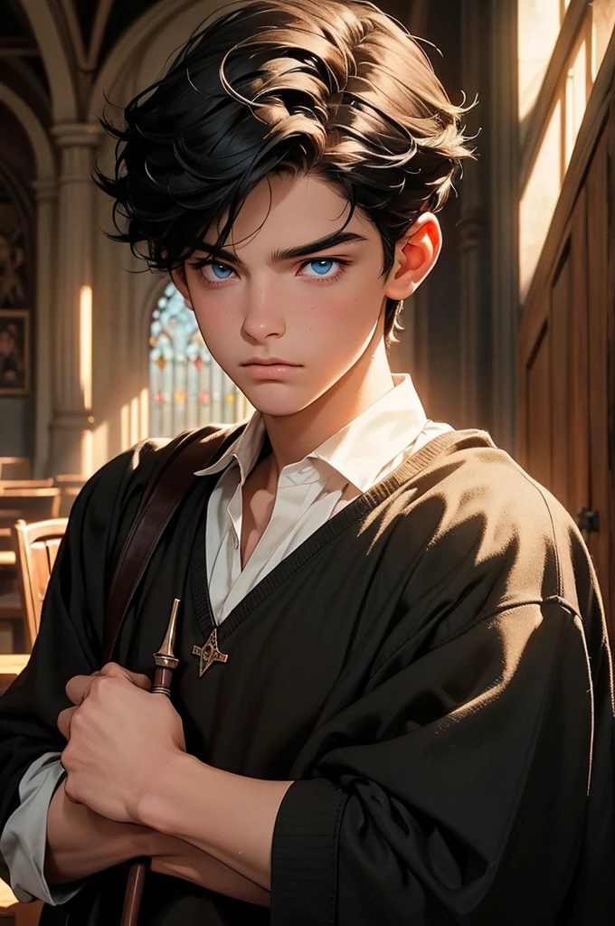 a young man with short black hair, wearing a schoolboy outfit, holding a wand, has a wizard-like appearance with an animal tattoo, has blue eyes and a grumpy look, in a medieval-style classroom, at a magic school, beautiful eyes, delicate features, soft colors, serene atmosphere, high quality, detailed, photorealistic, photo-realistic:1. 37, 4k, ultra-detailed, extremely detailed, hyperrealistic, highly detailed, masterpiece:1.2, vibrant colors, natural lighting, cinematic, dramatic, fantastic, magical, surreal.