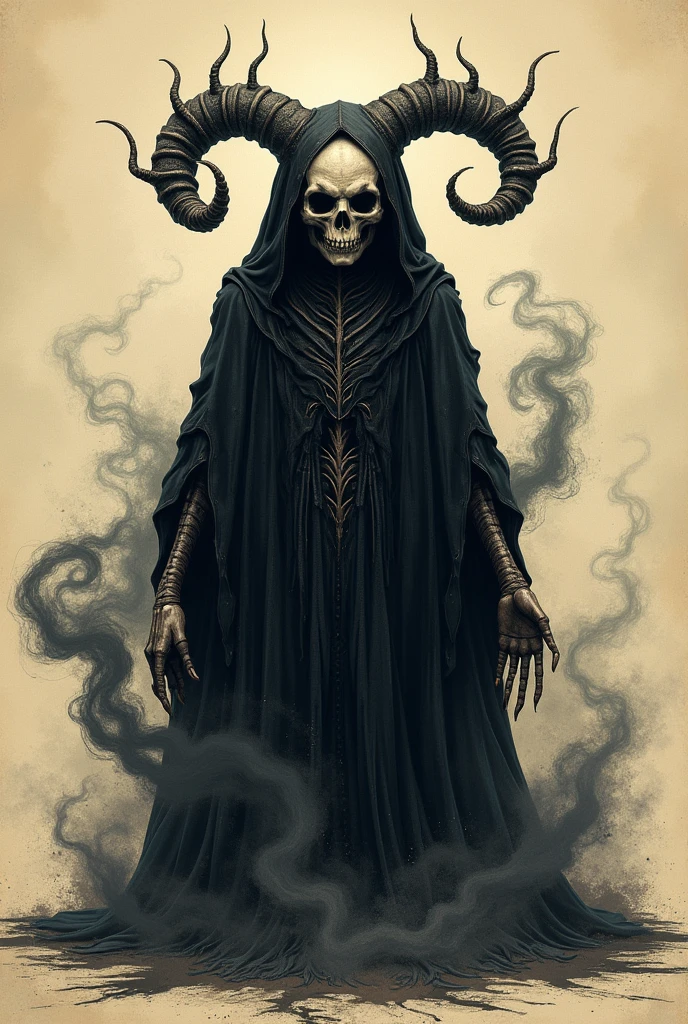 A sinister supernatural entity depicted in the style of a detailed bestiary illustration. It has a semi-skeletal face with almost no human features, featuring hollow eye sockets that emit an ominous light. Twisted horns curl from its forehead, and its body is surrounded by a black, sand-like aura that swirls menacingly. The entity is cloaked in dark, ethereal robes that blend seamlessly with the shadows. Its overall appearance is otherworldly and unsettling, with an aura of dark mysticism. The illustration should emphasize its arcane and malevolent nature, showcasing the creature with intricate details typical of bestiary art, capturing its ancient and fearsome presence. Bestiary simple sketch, antique art, in bestiary book.