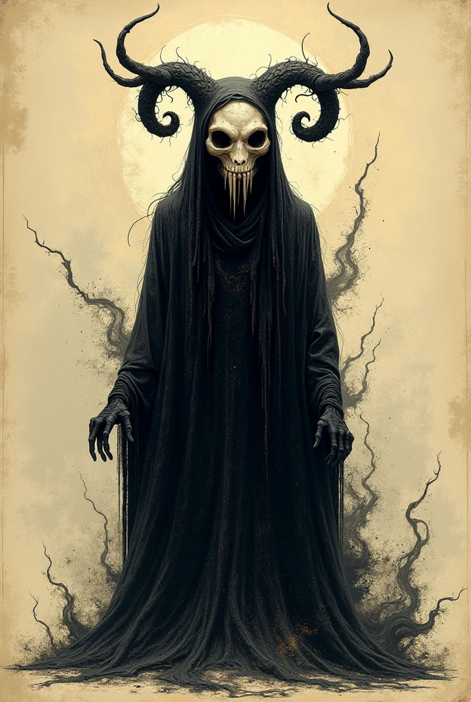 A sinister supernatural entity depicted in the style of a detailed bestiary illustration. It has a semi-skeletal face with almost no human features, featuring hollow eye sockets that emit an ominous light. Twisted horns curl from its forehead, and its body is surrounded by a black, sand-like aura that swirls menacingly. The entity is cloaked in dark, ethereal robes that blend seamlessly with the shadows. Its overall appearance is otherworldly and unsettling, with an aura of dark mysticism. The illustration should emphasize its arcane and malevolent nature, showcasing the creature with intricate details typical of bestiary art, capturing its ancient and fearsome presence. Bestiary simple sketch, antique art, in bestiary book.