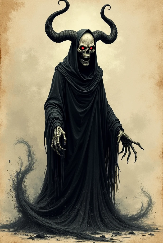 A sinister supernatural entity depicted in the style of a detailed bestiary illustration. It has a semi-skeletal face with almost no human features, featuring hollow eye sockets that emit an ominous light. Twisted horns curl from its forehead, and its body is surrounded by a black, sand-like aura that swirls menacingly. The entity is cloaked in dark, ethereal robes that blend seamlessly with the shadows. Its overall appearance is otherworldly and unsettling, with an aura of dark mysticism. The illustration should emphasize its arcane and malevolent nature, showcasing the creature with intricate details typical of bestiary art, capturing its ancient and fearsome presence. Bestiary simple sketch, antique art, in bestiary book.