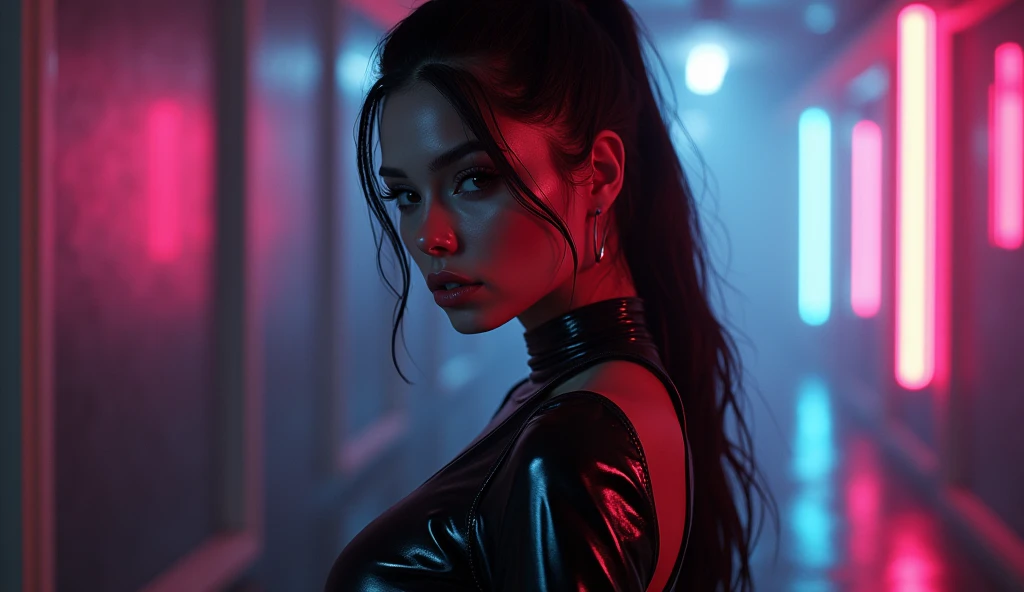 cyberpunk girl seductive pose leds ass light and shadow, ultra-realistic, 16K. 3D style, , Octane render, ray tracing, depth of field, super detail