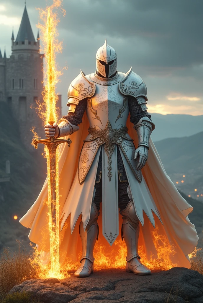 Medieval knight in white armor with a flaming sword 