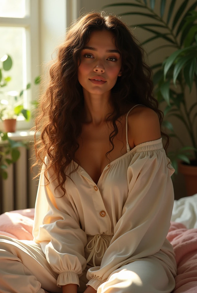 (photorealism:1.2), beautiful woman, sitting on bed, wearing loose off-shoulder top, pajama pants, long curly hair, indoors, soft lighting, plants in background, window with sunlight, cozy room, relaxed pose, realistic, intricate details, warm colors, by Greg Rutkowski, by Alphonse Mucha