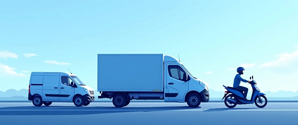 Create an illustrative image for a logistics company. The scene should show a small truck, a Fiorino and a motorcycle on a road. Use a predominant blue palette in the image to convey an atmosphere of professionalism and efficiency.. The truck must be in the center, with the Fiorino and the motorcycle positioned around it, all moving towards the same direction on the road. The scene should include a clear blue sky background and some subtle clouds., but keep your focus on the road and the vehicles.