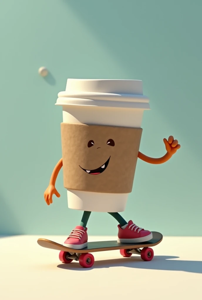 Coffee mug with a cap skating on a skateboard